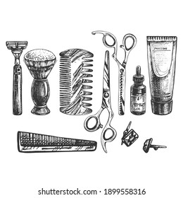 set for men, black outline, graphics, razor, brush, cream, cuffs, scissors, oil, comb, crest, barbershop tools