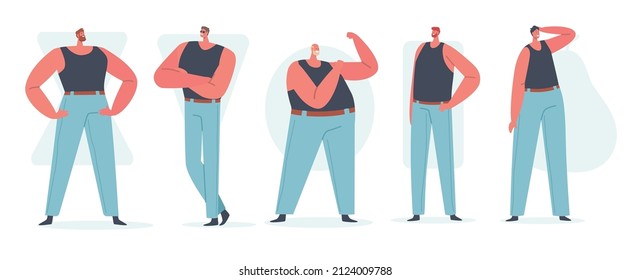 Set of Men Body Figure Types, Male Characters Hourglass, Inverted Triangle, Round, Rectangle and Pear Shapes, Handsome Persons Posing Isolated on White Background. Cartoon People Vector Illustration