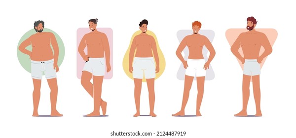 Set of Men Body Figure Types, Handsome Persons Posing. Male Characters Hourglass, Inverted Triangle, Round, Rectangle and Pear Shapes Isolated on White Background. Cartoon People Vector Illustration