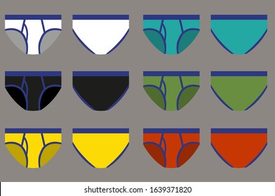 Set of men сolored boxer shorts. Man underwear. Front and back views of men's underwear. Shorts. Kids clothes. Vector illustration