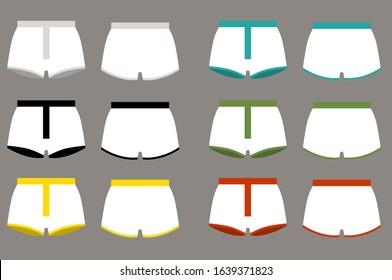 Set of men сolored boxer shorts. Man underwear. Front and back views of men's underwear. Shorts. Kids clothes. Vector illustration