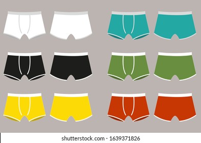 Set of men сolored boxer shorts. Man underwear. Front and back views of men's underwear. Shorts. Kids clothes. Vector illustration