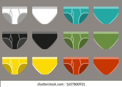 Set of men сolored boxer shorts. Underpants isolated on white background. Man underwear. Front and back views of men's underwear. Shorts. Kids clothes. Vector illustration svg