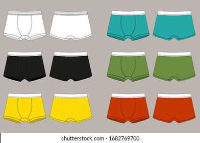 Set of men сolored boxer shorts. Underpants isolated on white background. Man underwear. Front and back views of men's underwear. Shorts. Kids clothes. Vector illustration svg