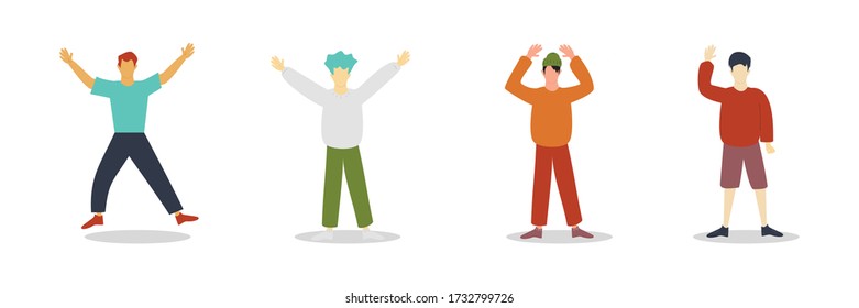 Conjunto de hombres y niños de pie, manos arriba en varias poses, personaje de caricatura, personas, negocios, grupo, silueta vectorial, estilo de diseño plano, diferentes colores, ropa de invierno, aislados en fondo blanco