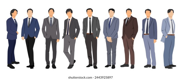 Set of men in business suits, cartoon character, different colors, group of business men silhouettes isolated on white background