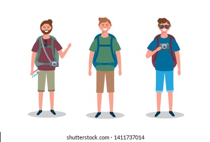 set of men with camera and backpack with sunglasses and ticket