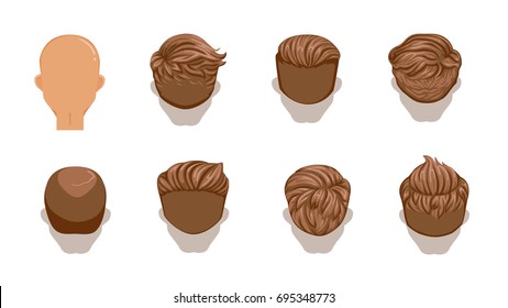 Set of men cartoon hairstyles. Brown Hair.  Rear view.Collection of fashionable stylish types.Detailed and unique. Vector illustration isolated on white background.