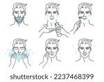 Set of men character shaving beard and taking care of facial skin. Foam and lotion. Shave with a razor. Beauty body care concept.
Vector design illustration and icons set.