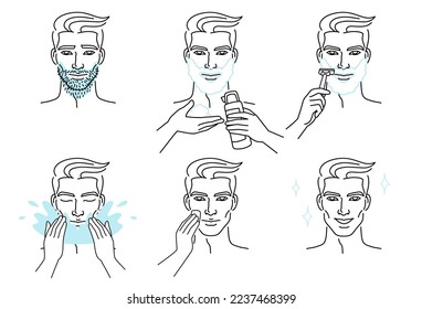 Set of men character shaving beard and taking care of facial skin. Foam and lotion. Shave with a razor. Beauty body care concept.
Vector design illustration and icons set.