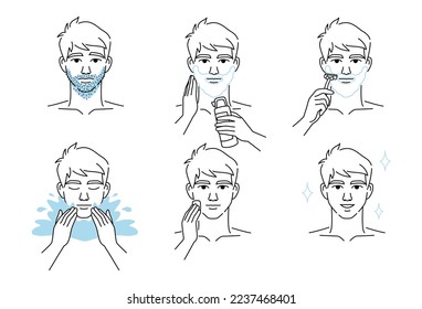 Set of men character shaving beard and taking care of facial skin. Foam and lotion. Shave with a razor. Beauty body care concept.
Vector design illustration and icons set.