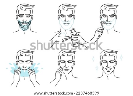 Set of men character shaving beard and taking care of facial skin. Foam and lotion. Shave with a razor. Beauty body care concept.
Vector design illustration and icons set.