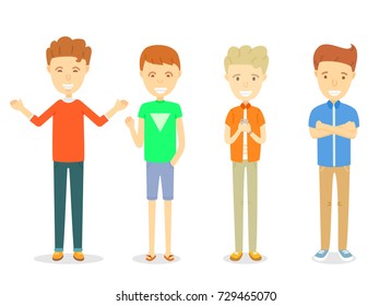 Set of men character standing in casual ware, Collection of Happy guy character smiling, Young men standing in different posture, Set of young men in different clothes, Cartoon character illustration