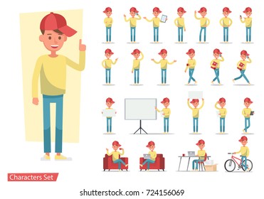 Set of men character vector design. Presentation in various action with emotions, running, standing, walking and working. 