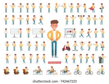 Set of men character vector design. Presentation in various action with emotions, running, standing, walking and working.