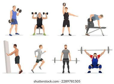 Set of men characters in gym doing dumbbell press exercises and workouts weight training. Collection of male bodybuilding lifestyle. Athlete doing barbell overhead press exercise. Vector illustration