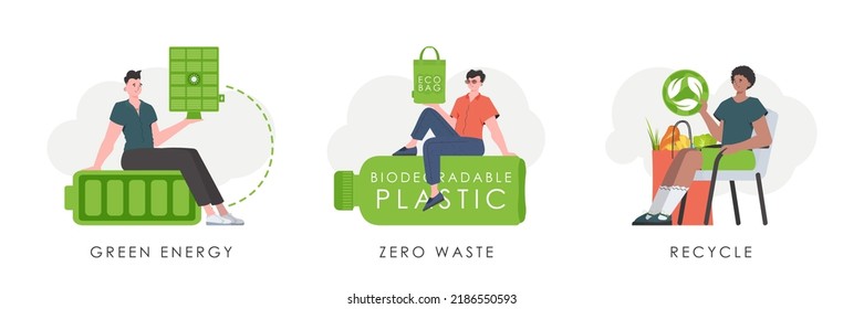 Set of men characters on the theme of ecology. Flat fashion style. Illustration in vector.