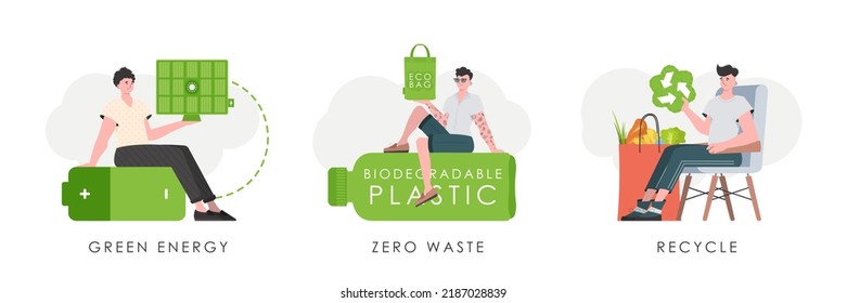 Set of men characters on the theme of ecology. Cartoon trendy style. Vector.