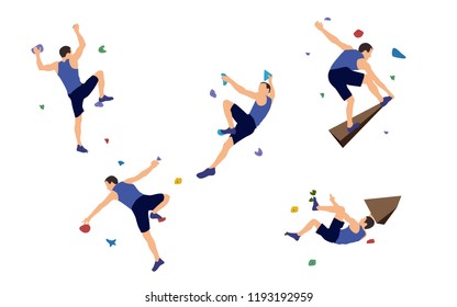 Set of men climbers on a wall in a climbing gym isolated on a white background. Vector illustration.