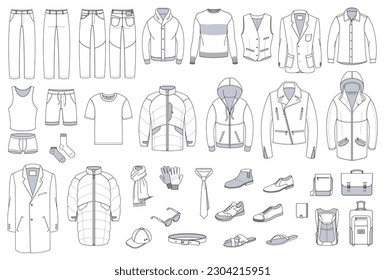 Set of men clothing and accessories. Fashion and style design element and icon set. Technical drswing thin line vlack and white vector collection.