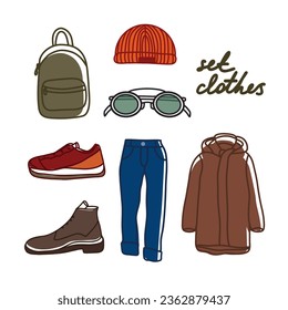 Set of men clothing and accessories. Fashion and style elements. Isolated on white background.