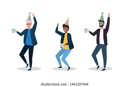 set of men dancing with party hat decoration