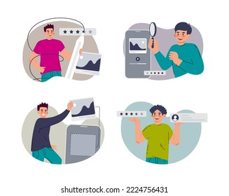 Set men are designers of mobile applications and websites. Ui ux designer arrangement interface elements. Vector illustration