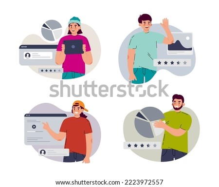 Set men are designers of mobile applications and websites. Ui ux designer arrangement interface elements. Vector illustration flat style
