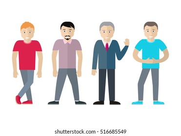 Set of men of different age and status. Sportive blond man, man with beard, elderly male in tie and sweater, brunette teenager in blue t-shirt isolated on white. Illustration in flat style. Vector