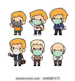 Set of men in different ages, They are wearing different type of Disposable face mask to protect against air pollution .Vector illustration in cute cartoon.