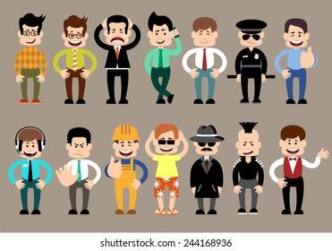 Set of men different characters, pose, profession. vector