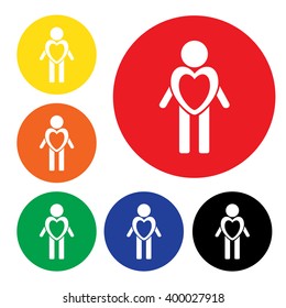 A set of men in different colors with a dedicated heart. Icons: Love, health and assistance. The icon of the man with the heart in flat style