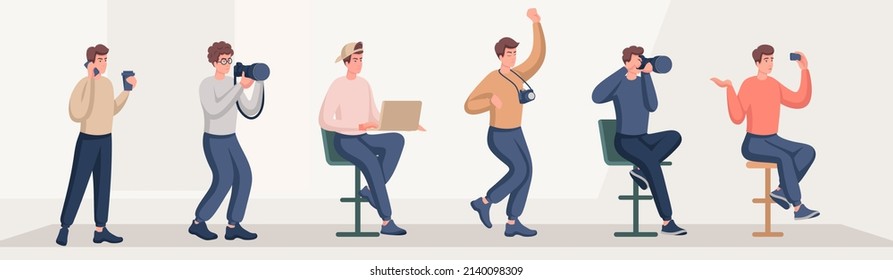 Conjunto de hombres con diferentes emociones y movimientos. Cambiar partes del cuerpo y crear nuevos caracteres 2D para ilustraciones y animación. Vector.