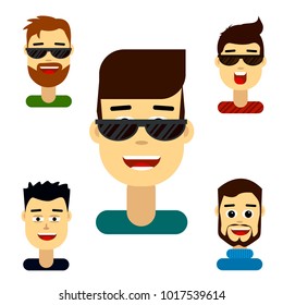 set, men with different hairstyles, with a beard, red-haired man, a guy with glasses, emotions, character, cartoon style