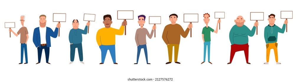A set of men of different physiques and nationalities with a sign for the text in their hand.