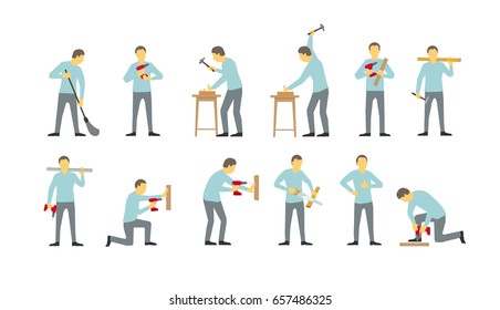 Set of men are different work-busy bearded locksmiths. Drills with drill. Hammered in with nails. Saws the tree. Tighten the screws. Vector illustration for your design