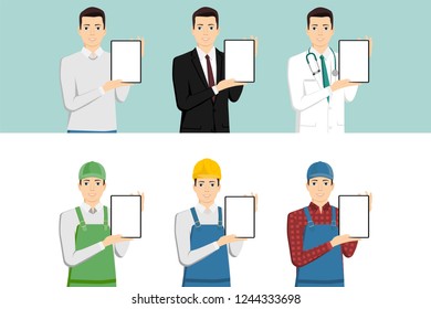 Set of men with a digital tablet. Casual, businessman, medical doctor, courier, worker, farmer. Isolated on white. Vector illustration