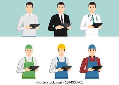 Set of men with a digital tablet. Casual, businessman, medical doctor, courier, worker, farmer. Isolated on white. Vector illustration