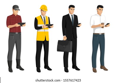 Set of men with a digital tablet. Farmer, businessman, engineer, casual. Isolated on white. Vector illustration