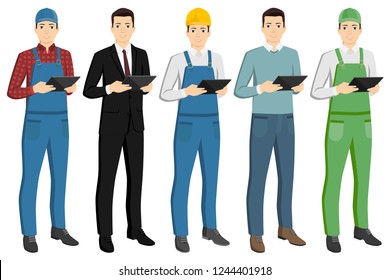 Set of men with a digital tablet. Foreman, businessman, worker, casual, farmer. Isolated on white. Vector illustration