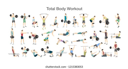 Set of men doing exercises in the gym. Fitness and healthy lifestyle. Total body workout with dumbbell, fitness ball and barbell for different groups of muscles. Isolated vector illustration