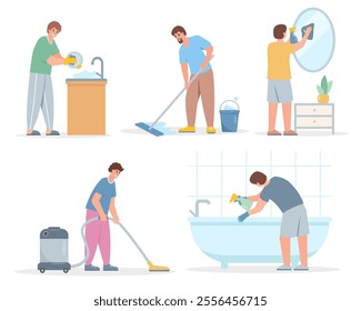 Set of Men doing housework. Man Washing Dishes, mirror, bath and floor and Vacuuming. Vector male character illustrations on white background.