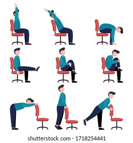 Set of men doing office chair yoga. Bundle of business man workout for healthy back, neck, arms, legs. Sport exercises for the wellbeing of workers. Vector illustration isolated on white background.