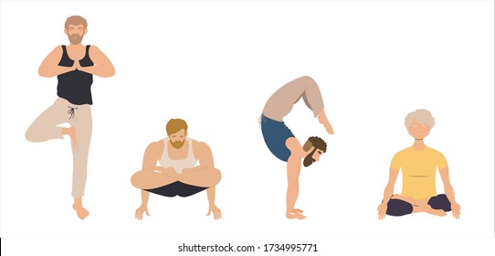 Set of men doing yoga. Young, elderly guys and men do exercises, stand on hands, lotus position, meditation. Vector illustration, flat cartoon design, eps 10.