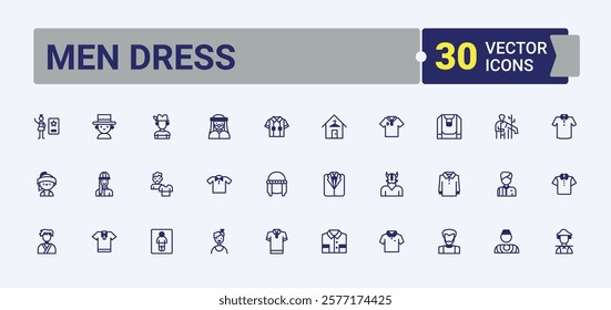 Set of Men Dress line icons. It contains symbols to sport, shirt, coat, man, clothes and more. Icons for UI. Solid line editable stroke. Vector line and solid icons.