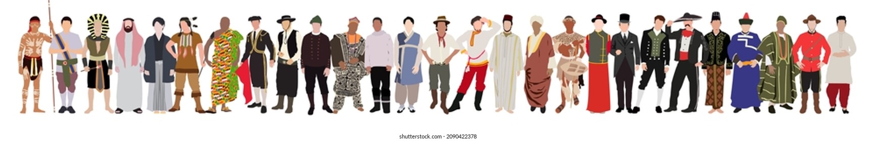 Set of men dressed in national clothes. America, Australia and Oceania. Vector flat illustration