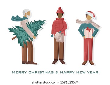 Set of Men dressed in winter holidays outfit. Holding christmas tree, gift boxes and shopping bags. Vector
