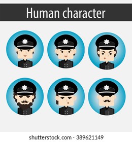 set men European character is a police officer flat vector portrait of a man with emotion on an isolated background