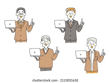 A set of men explaining with a laptop in their hands, a comical handwritten person, a vector, and simple coloring of line drawings.