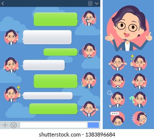 A set of men with expresses various emotions on the SNS screen.There are variations of emotions such as joy and sadness.It's vector art so it's easy to edit.